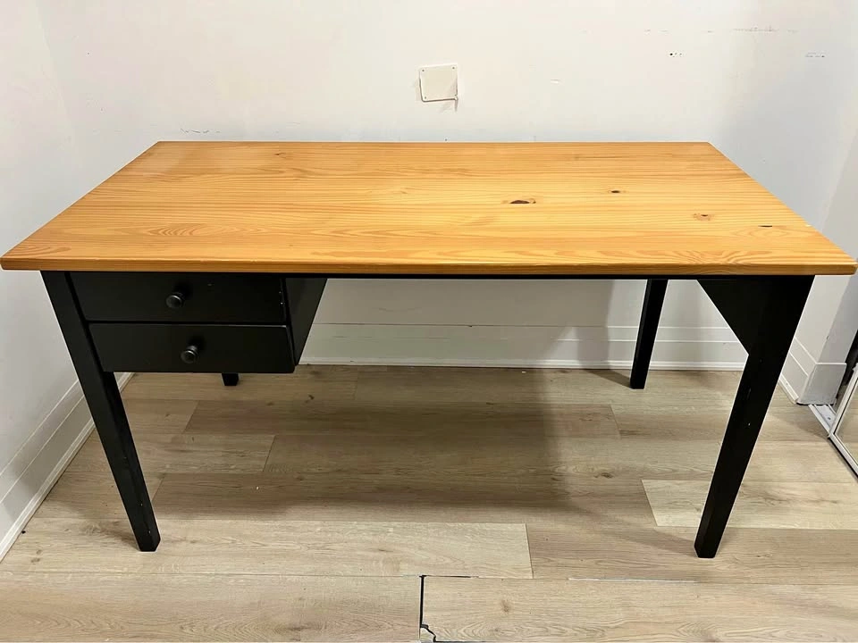 Wood Top Desk with Black Frame and Two Drawers