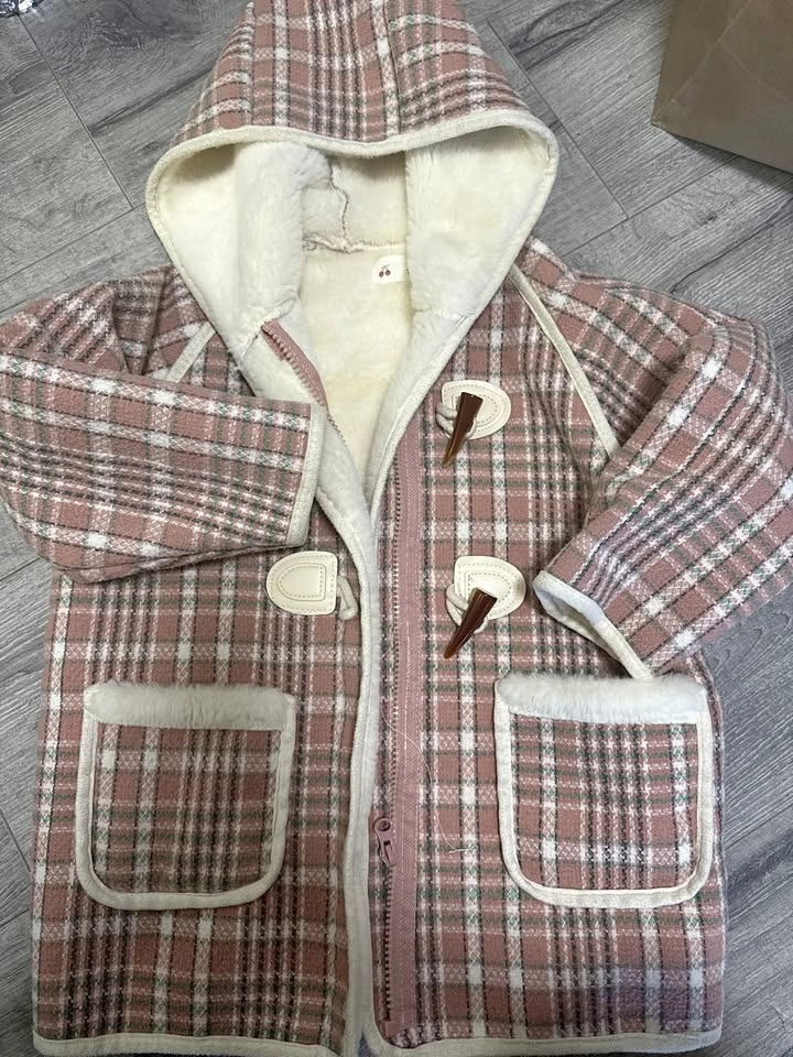 Girls Winter Coat Size 6-7 Years - Pink Plaid, Hooded, Warm Flee