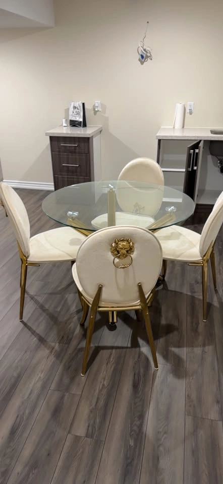 Glass Dining Table with 4 Cream and Gold Chairs - photo 2