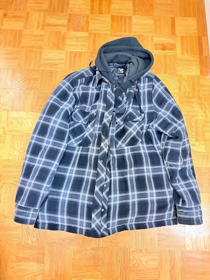 Black and grey flannel jacket with hood