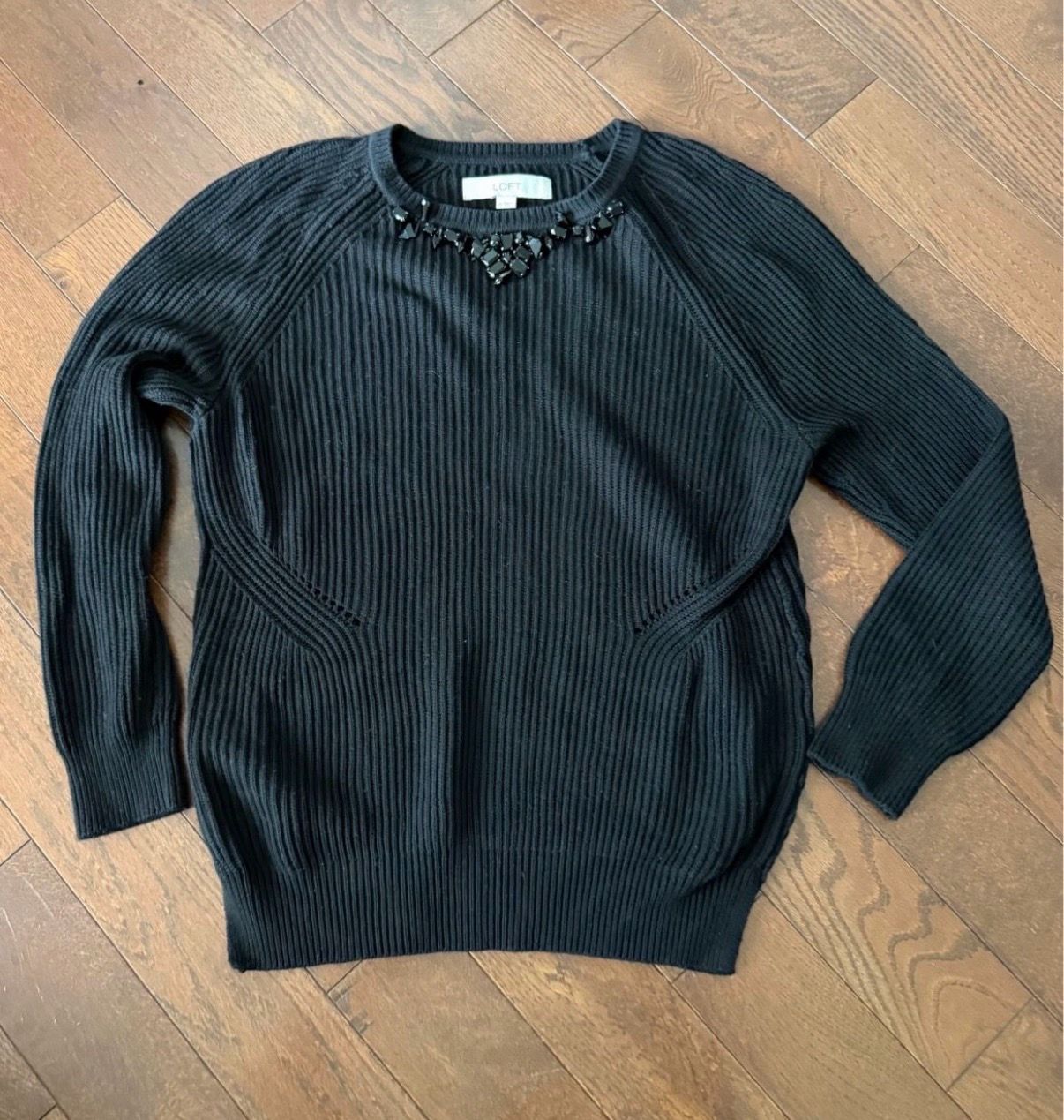 Women’s Medium LOFT Black Ribbed Knit Embellished Sweater