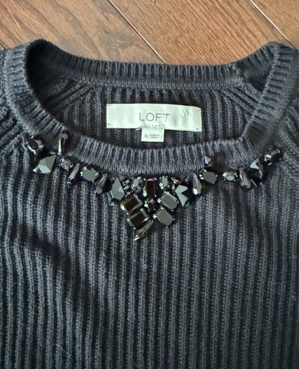 Women’s Medium LOFT Black Ribbed Knit Embellished Sweater - photo 2