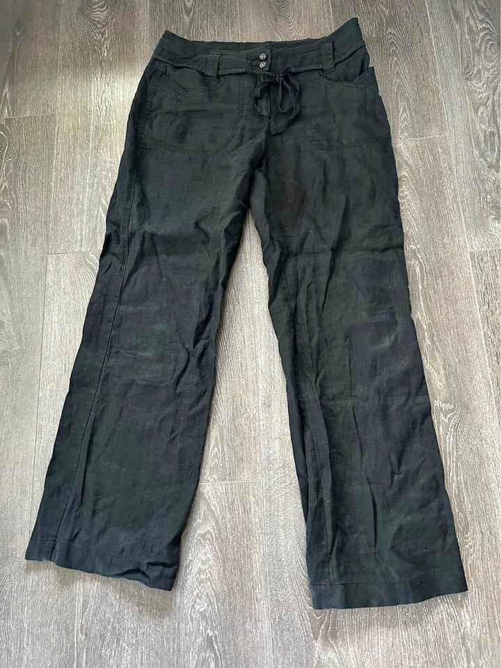 Black Linen Wide Leg Drawstring Pants