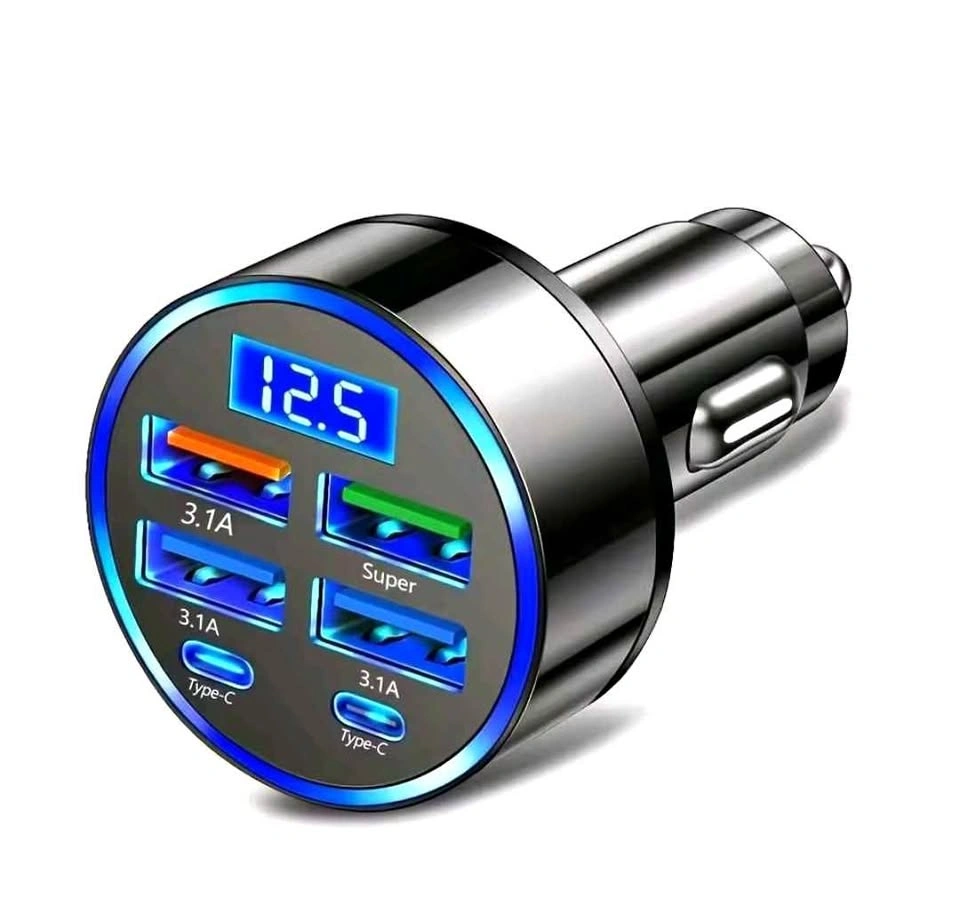 6-Port USB & Type-C Car Charger with LED Voltage Display