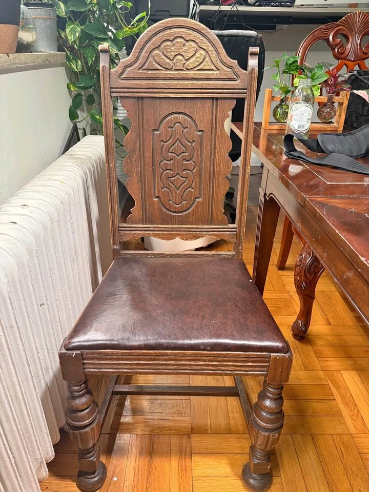 Antique Carved Wooden Dining Chair with Leather Seat