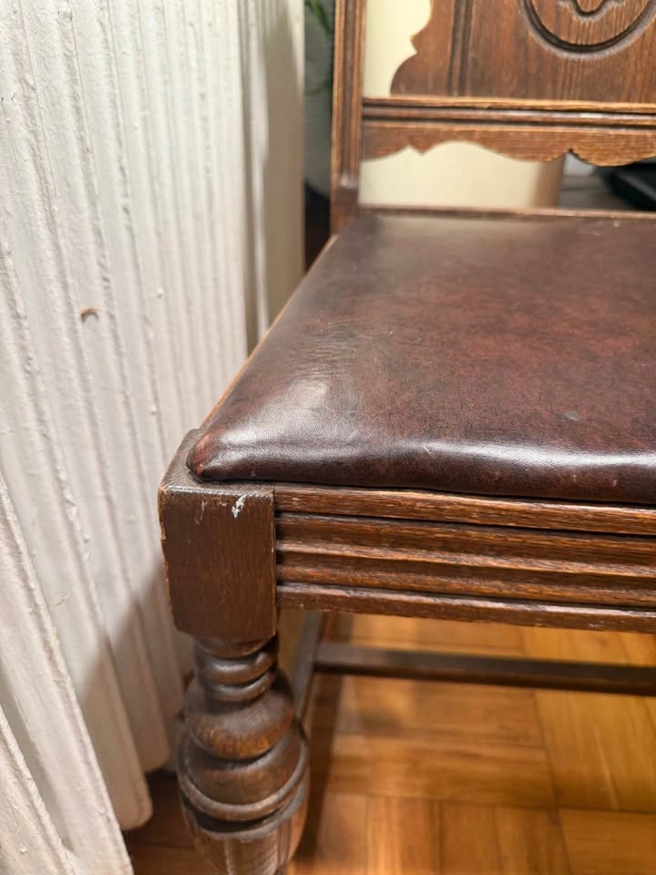 Antique Carved Wooden Dining Chair with Leather Seat - photo 3