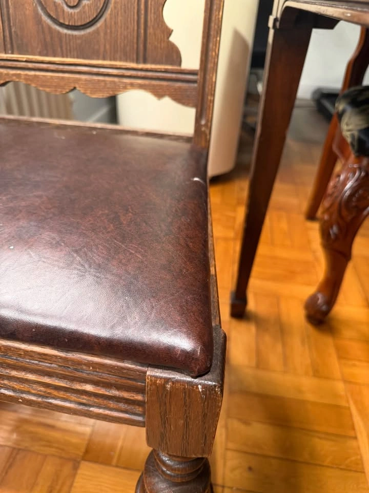 Antique Carved Wooden Dining Chair with Leather Seat - photo 4