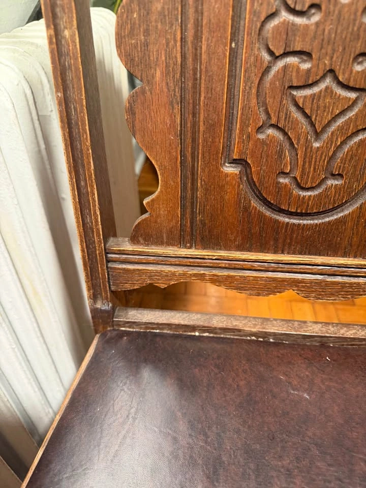 Antique Carved Wooden Dining Chair with Leather Seat - photo 5