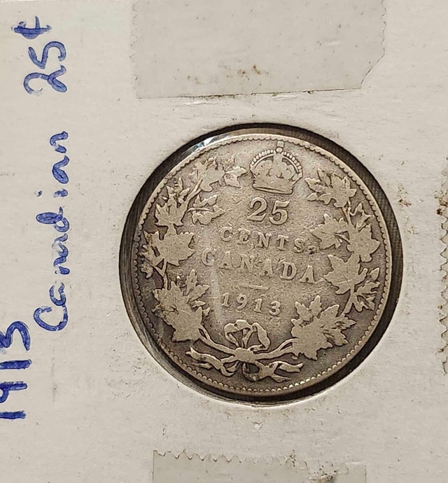 1913 George V, Silver (Sterling) Canadian 25 Cent Coin, ~VG-8