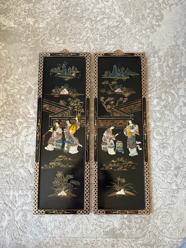 VTG Chinese black lacquer wall panels, musicians figures inlays