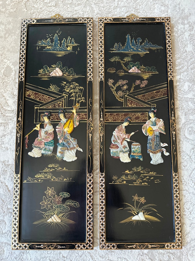 VTG Chinese black lacquer wall panels, musicians figures inlays - photo 2