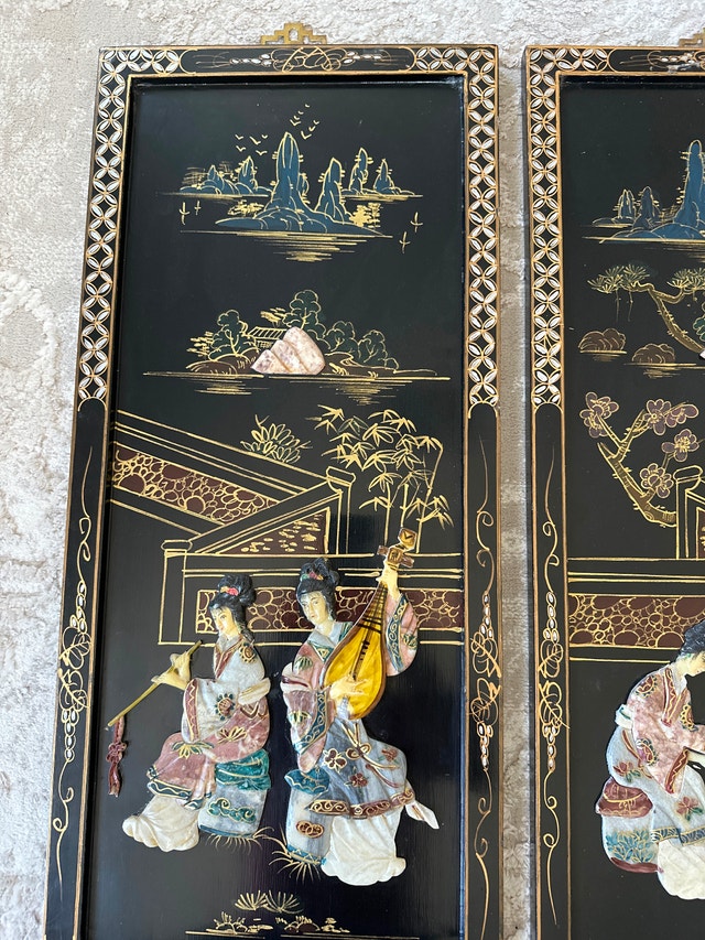 VTG Chinese black lacquer wall panels, musicians figures inlays - photo 3