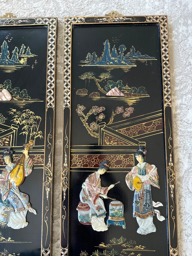 VTG Chinese black lacquer wall panels, musicians figures inlays - photo 4