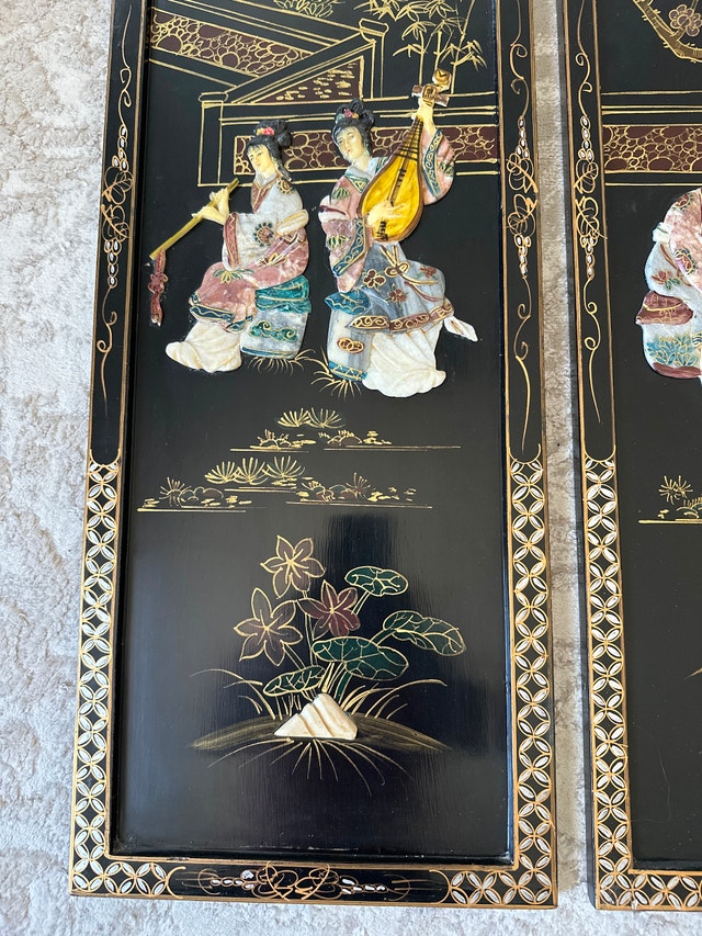 VTG Chinese black lacquer wall panels, musicians figures inlays - photo 5