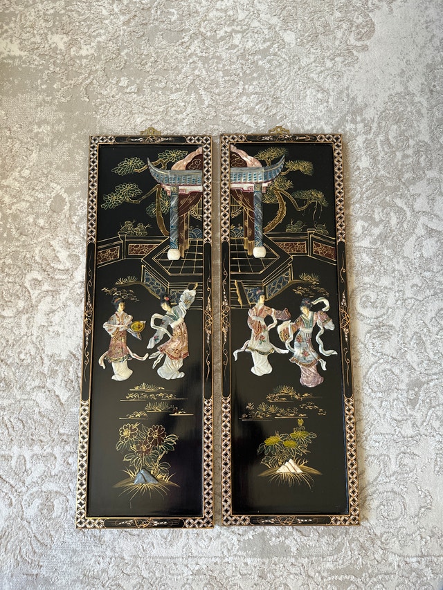 VTG Chinese black lacquer wall panels, mother-of-pearl, soapston