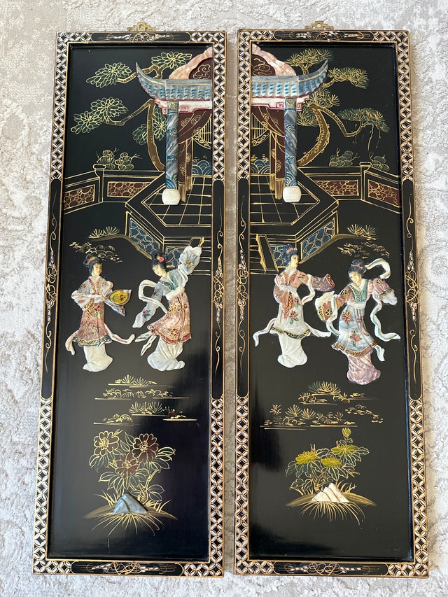 VTG Chinese black lacquer wall panels, mother-of-pearl, soapston - photo 2