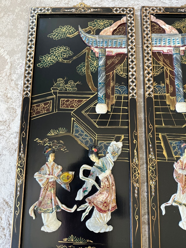VTG Chinese black lacquer wall panels, mother-of-pearl, soapston - photo 3