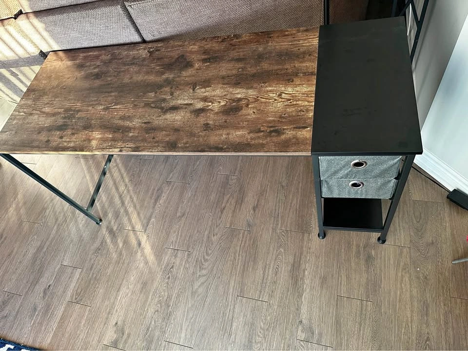 Wood and Black Metal Desk with Storage Drawers