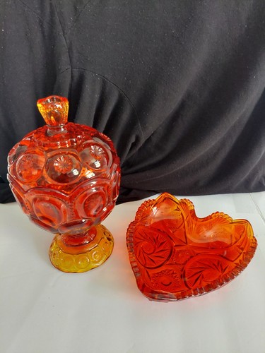 Vintage Moon And Stars Red/Orange Candy Compote And Pressed Glas