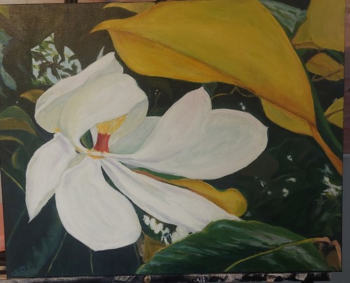 Original Magnolia Flower Acrylic Painting "Queen Of The South"