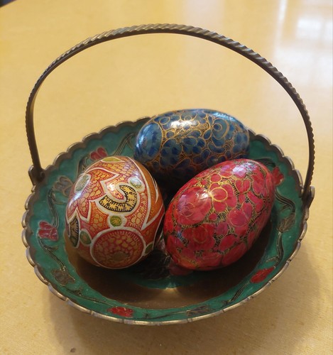 Vintage Kashmiri Painted Wooden Eggs & Enameled Brass Basket