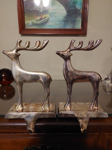 Pottery Barn Silver Plated Reindeer Stocking Shelf Hook Pair
