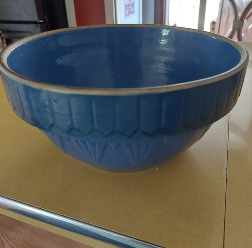 Antique Ruckels Salt Glazed Blue Pottery Bowl Picket Fence