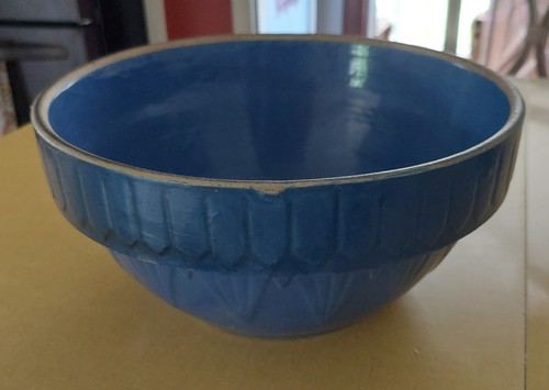 Antique Ruckels Salt Glazed Blue Pottery Bowl Picket Fence - photo 2