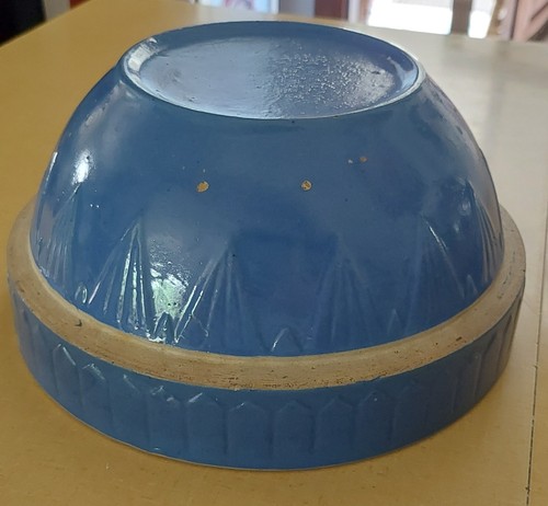 Antique Ruckels Salt Glazed Blue Pottery Bowl Picket Fence - photo 3