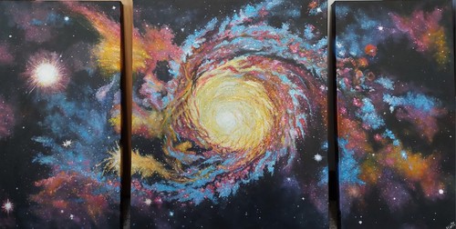 Galaxy Triptych Acrylic Painting On Canvas, Original OOAK