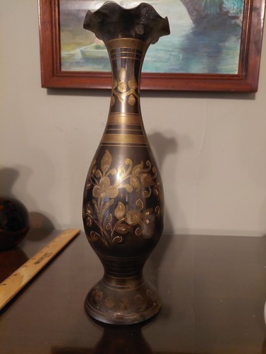 Tall Brass And Black Ornate Vase From India
