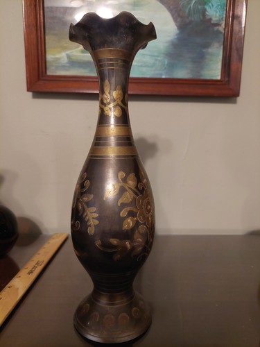 Tall Brass And Black Ornate Vase From India - photo 2