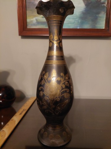 Tall Brass And Black Ornate Vase From India - photo 3