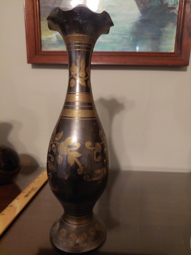 Tall Brass And Black Ornate Vase From India - photo 4