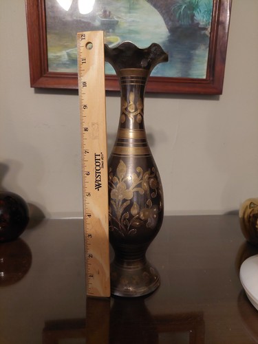 Tall Brass And Black Ornate Vase From India - photo 5