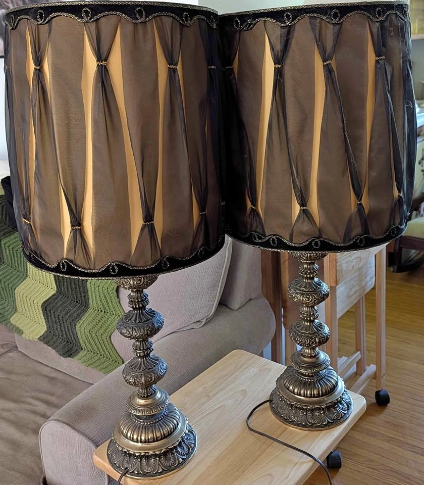 Pair of Vintage Ornate Table Lamps with Black Mesh Shades