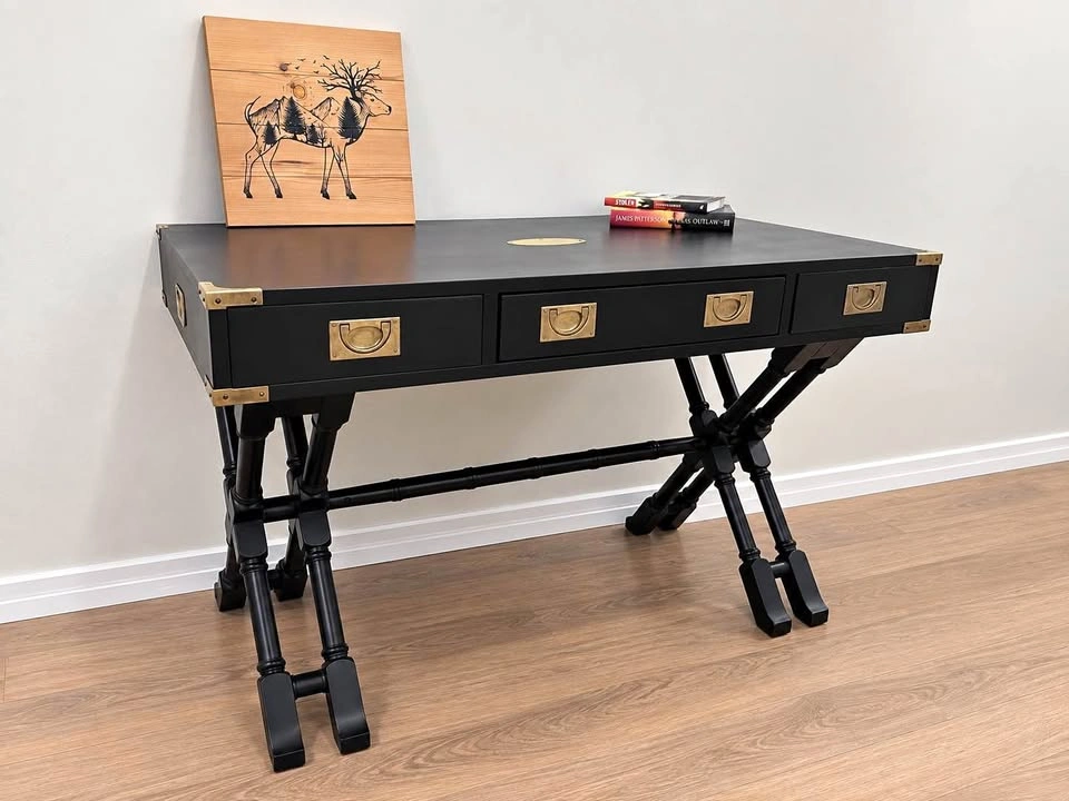 Refinished Bombay Company Vintage Writing Desk – Black & Brass