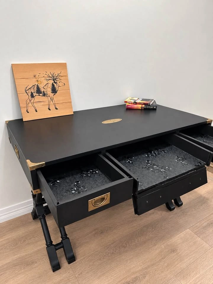 Refinished Bombay Company Vintage Writing Desk – Black & Brass - photo 2