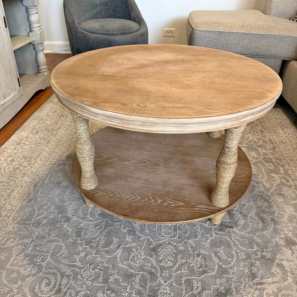 Large Round Wood & Rope Two-Tier Coffee Table – Boho/Coastal