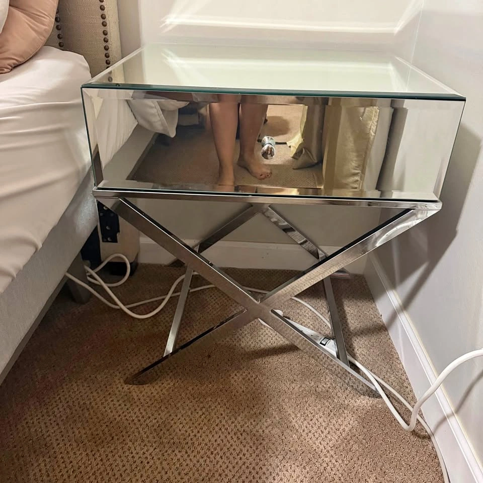 Pair of Mirrored Nightstands / Side Tables with Chrome Legs