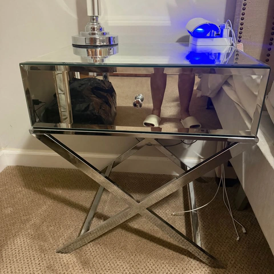 Pair of Mirrored Nightstands / Side Tables with Chrome Legs - photo 2