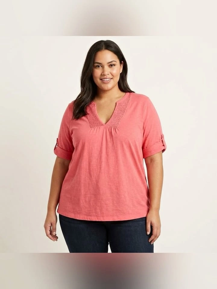 Penningtons Coral Pink Smocked Notch Neck Roll Tab Sleeve Top 4X