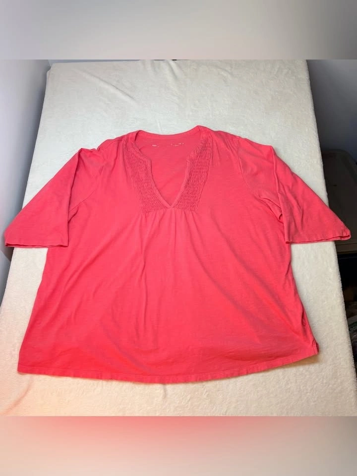 Penningtons Coral Pink Smocked Notch Neck Roll Tab Sleeve Top 4X - photo 2