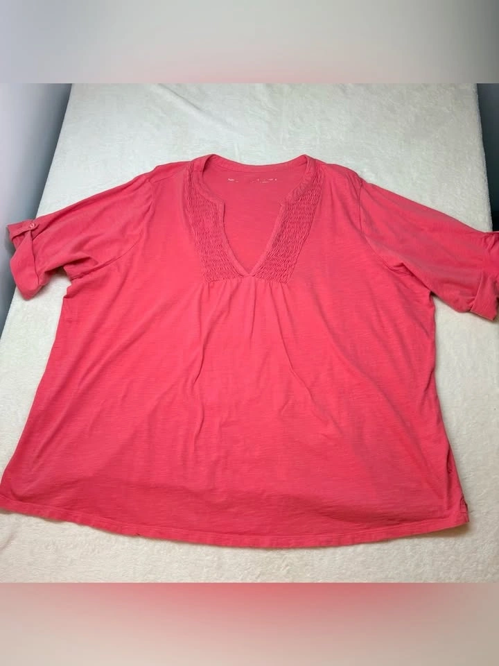 Penningtons Coral Pink Smocked Notch Neck Roll Tab Sleeve Top 4X - photo 5