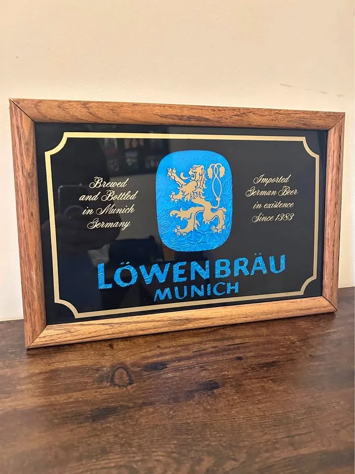 Lowenbrau Munich Glass Sign with Wooden Frame thumbnail