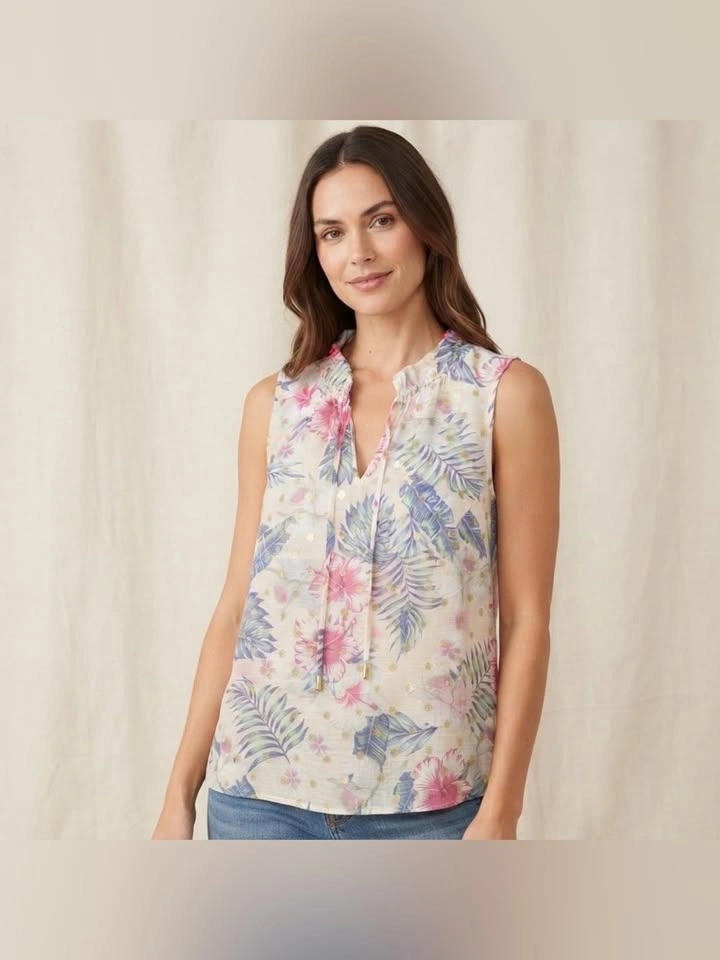Harve Benard Tropical Print Gold Foil Polka Dot Top