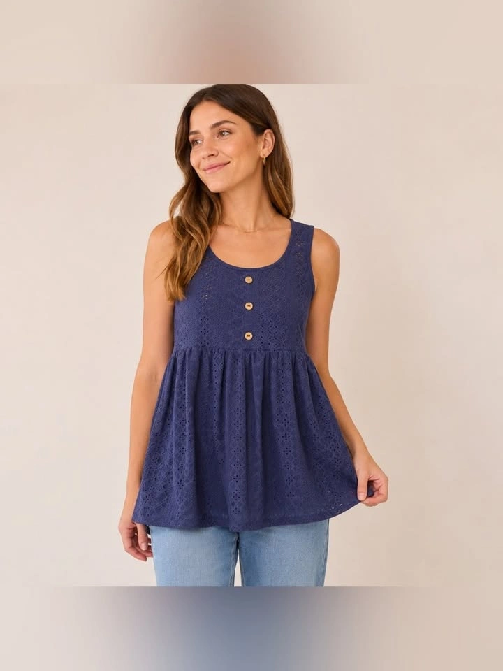 Shein Navy Blue Eyelet Lace Sleeveless Babydoll Peplum Top M