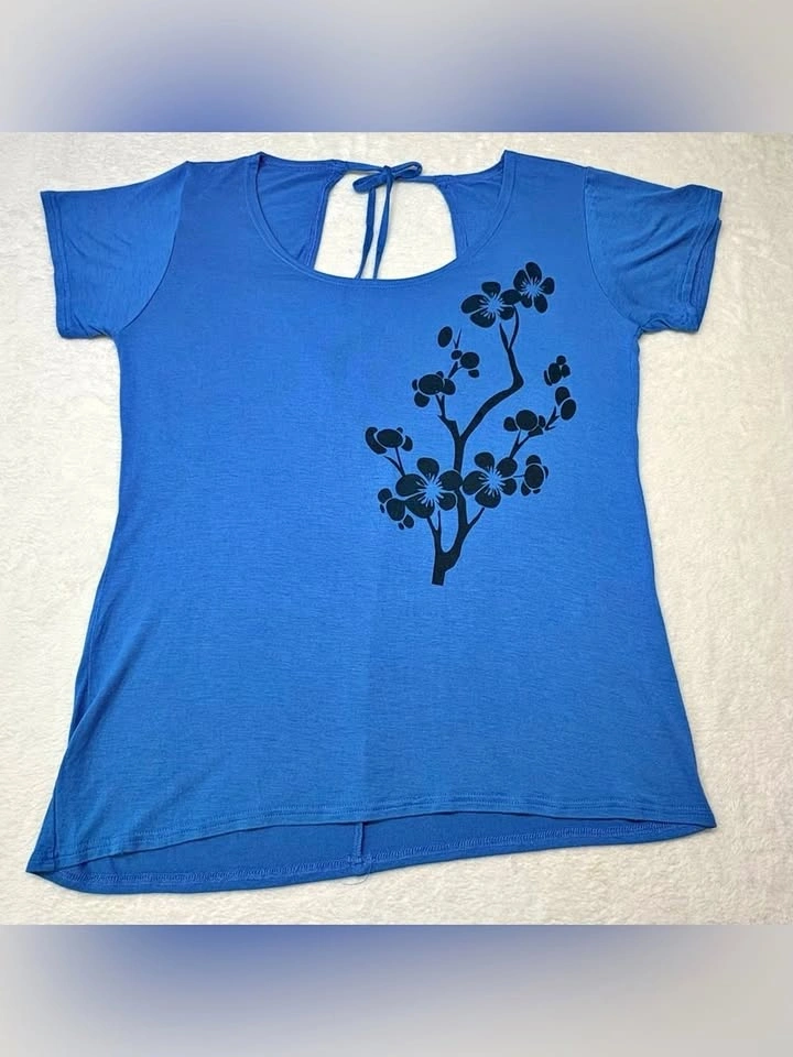 Peyari Collection Blue Floral Print Cutout Tie Back Top L - photo 2