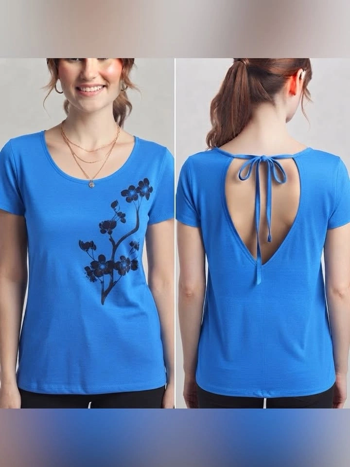 Peyari Collection Blue Floral Print Cutout Tie Back Top L