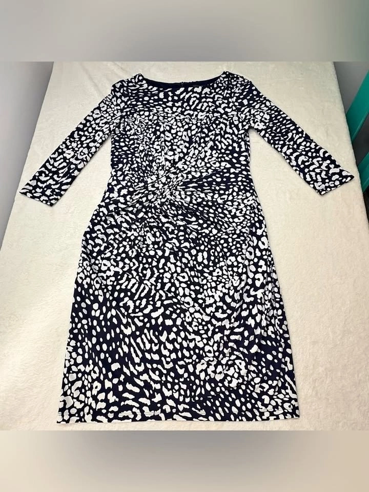 Adrianna Papell Ruched Waist Midi Dress Navy White Animal Print - photo 2
